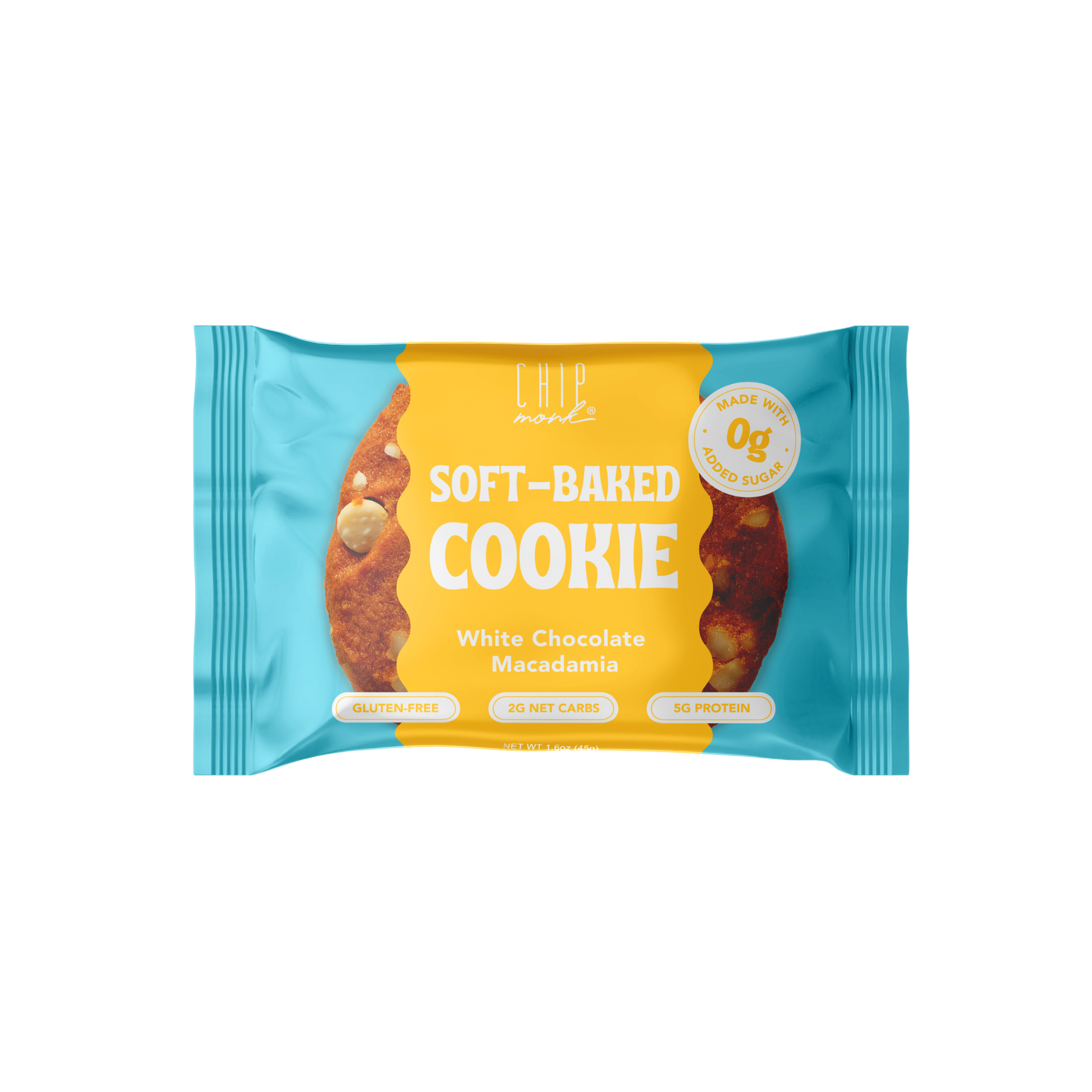 Packaged soft-baked cookie with blue and yellow design on a white background