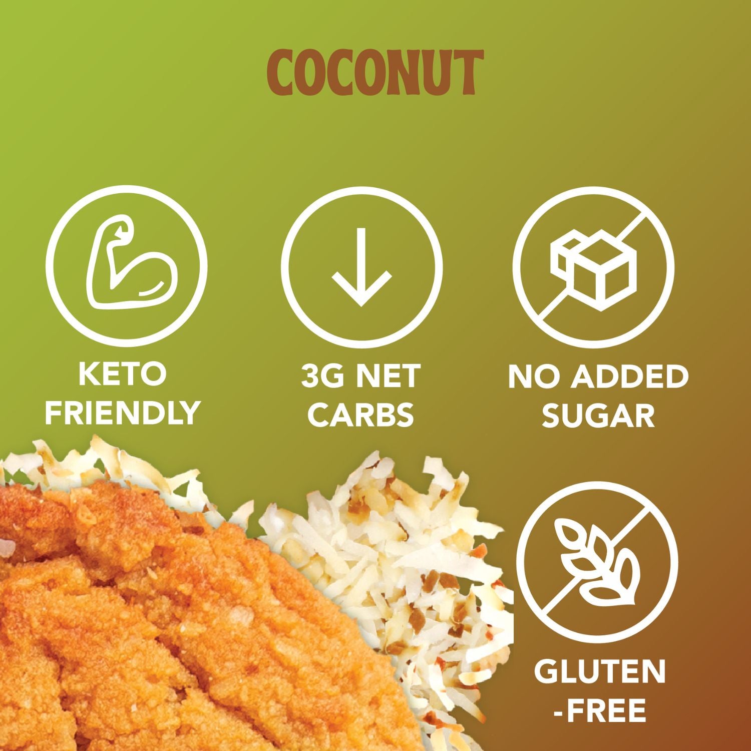 Coconut product with health benefits icons and text on a green and brown gradient background