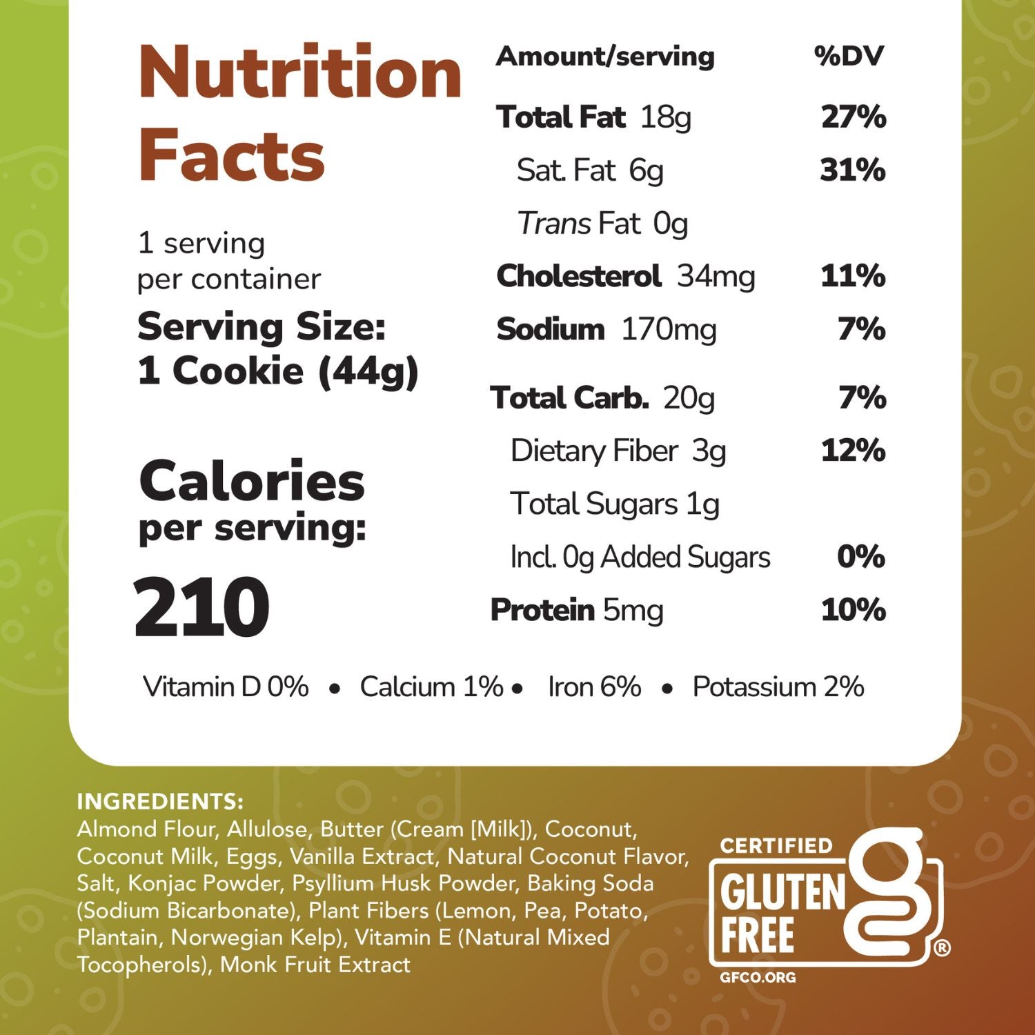 Nutrition facts label for a cookie with green and brown background