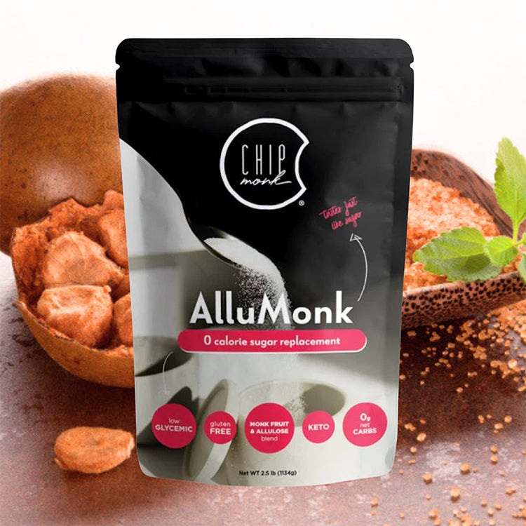 AlluMonk product packaging with a background of cookies and a cookie cutter.