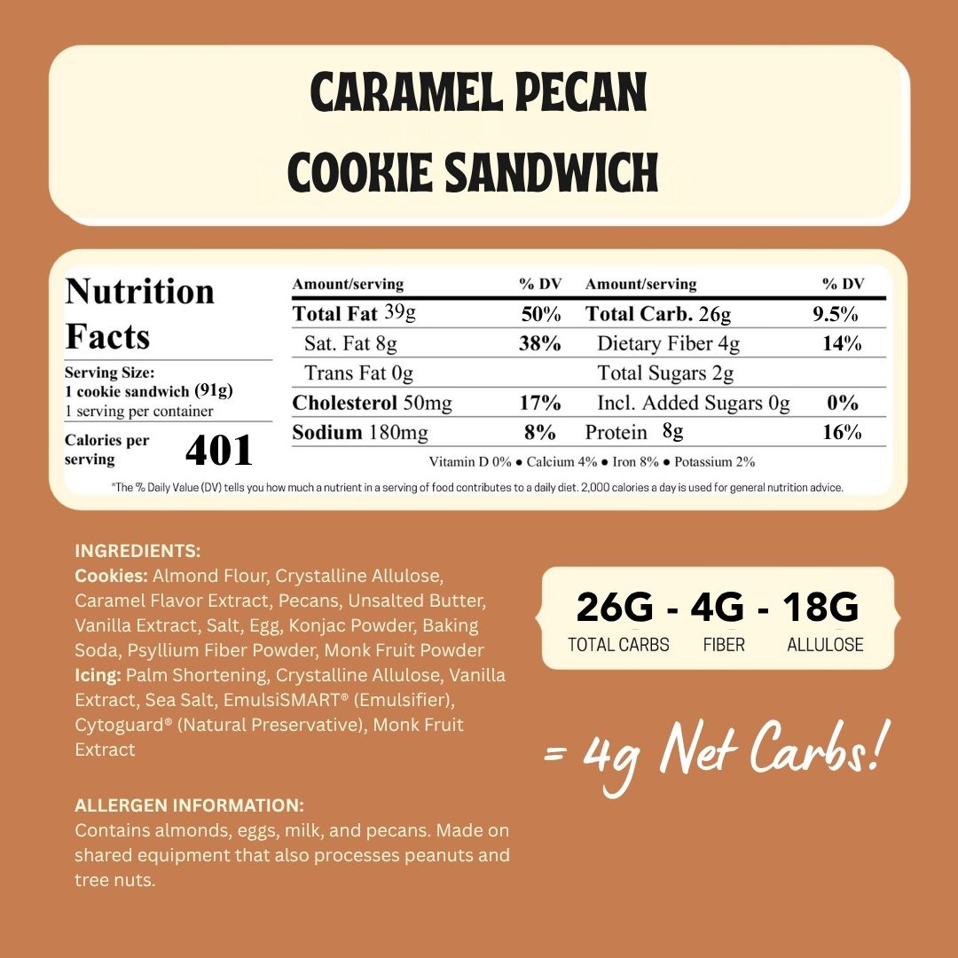 Nutrition label for a caramel pecan cookie sandwich on a brown background