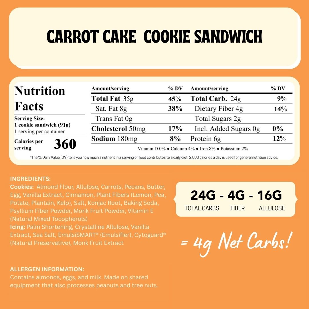 Nutrition facts label for a carrot cake cookie sandwich on an orange background