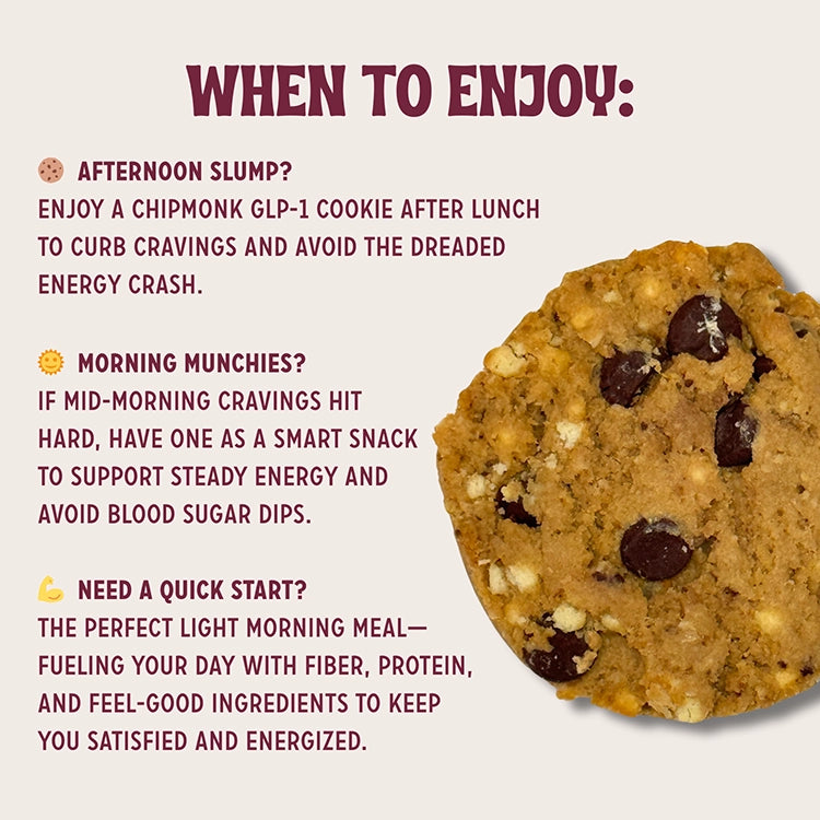Cookie with chocolate chips and text about when to enjoy it on a light background