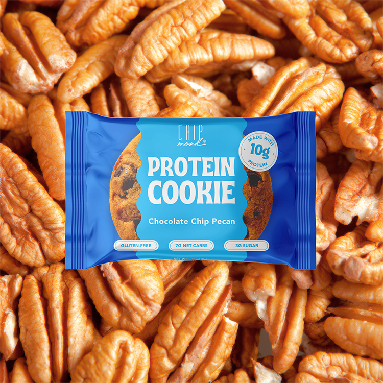 Protein cookie package with pecans in the background