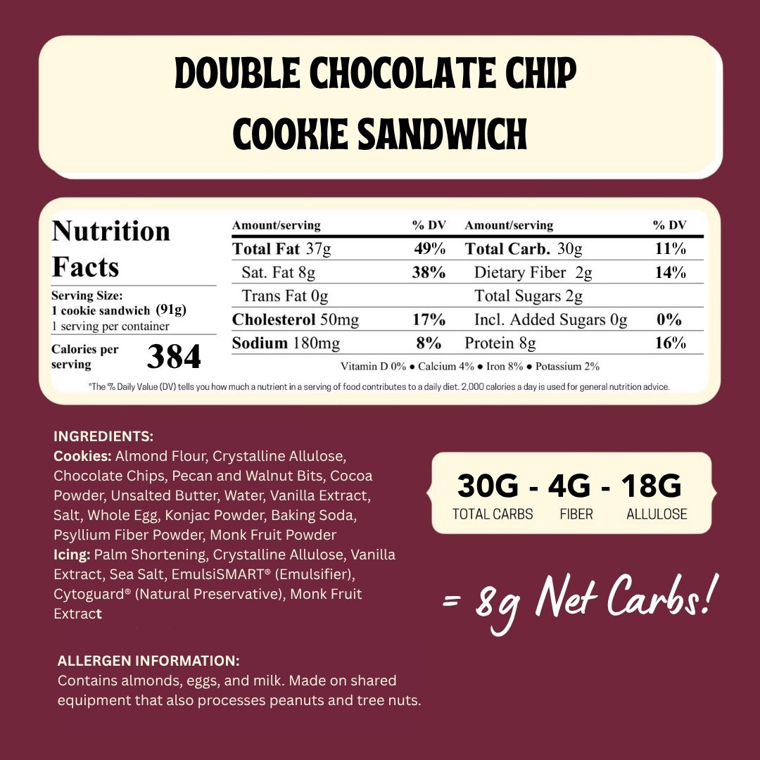 Nutrition facts and ingredient list for a double chocolate chip cookie sandwich on a maroon background.