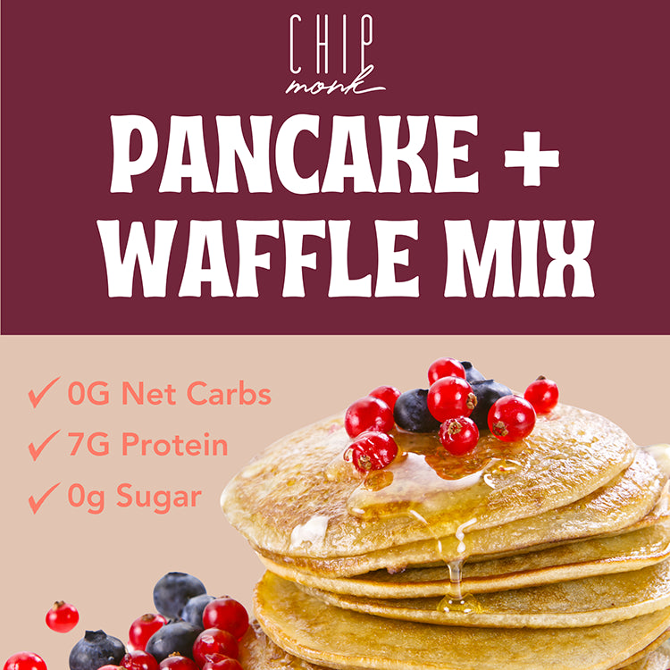 Pancake and waffle mix with berries and syrup on a beige background, featuring the brand 'Chip Monk'.