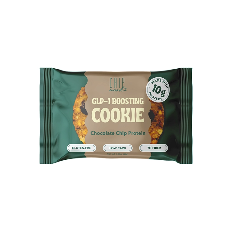Chocolate chip protein cookie package with green and brown design on a white background