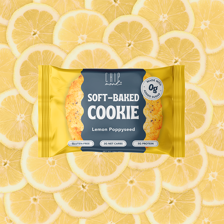 Packaged lemon poppyseed cookie with a yellow background featuring lemon slices