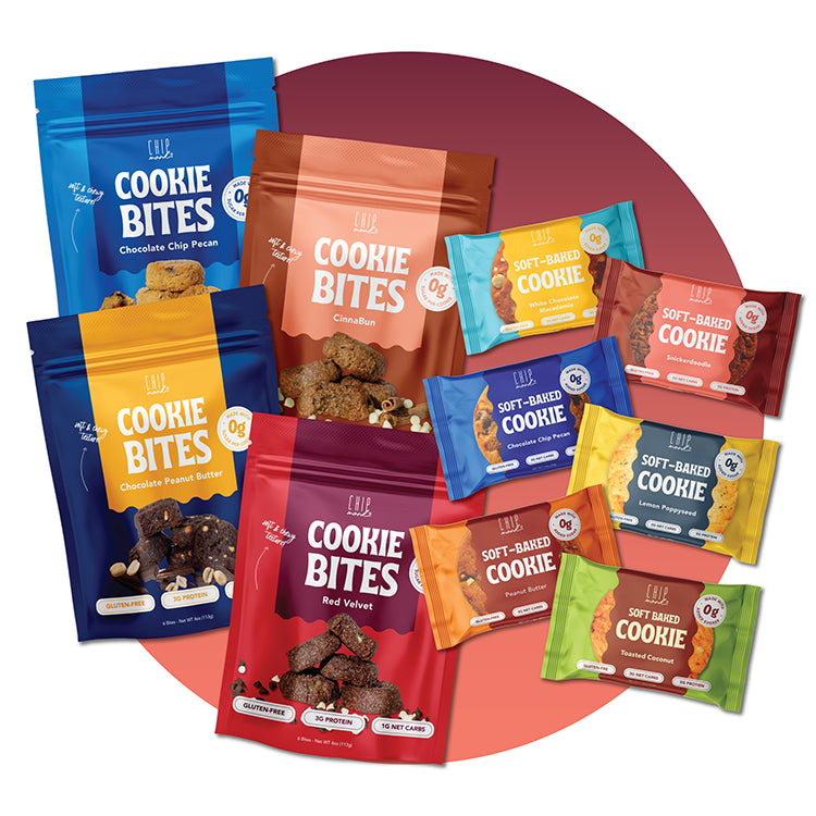 Assorted packages of LU Cookie Bites on a white background