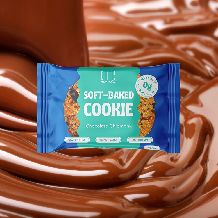 Blue package of soft-baked cookie with chocolate background