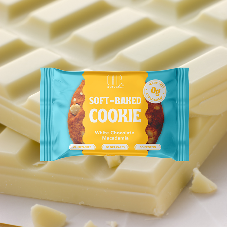 Cookie package with white chocolate macadamia flavor on a waffle background