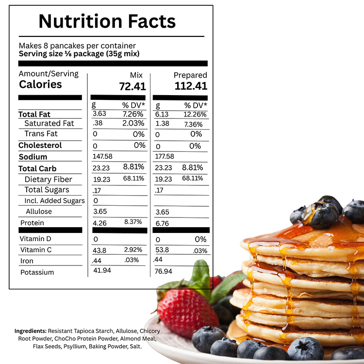 Nutrition facts label for pancake mix with a stack of pancakes and berries on a white background
