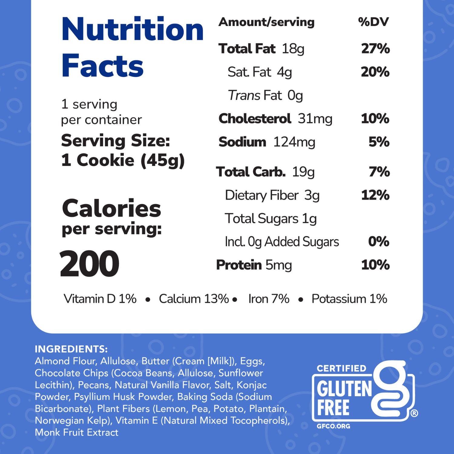 Nutrition facts label for a cookie with blue background
