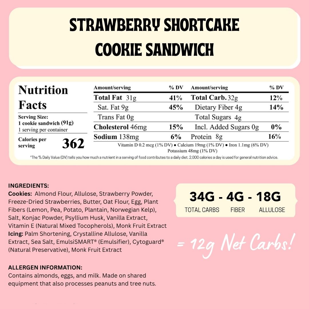 Nutrition facts label for a strawberry shortcake cookie sandwich on a pink background
