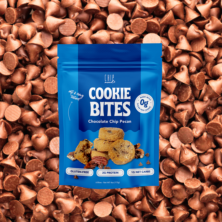 Blue package of 'Cookie Bites' surrounded by chocolate chips