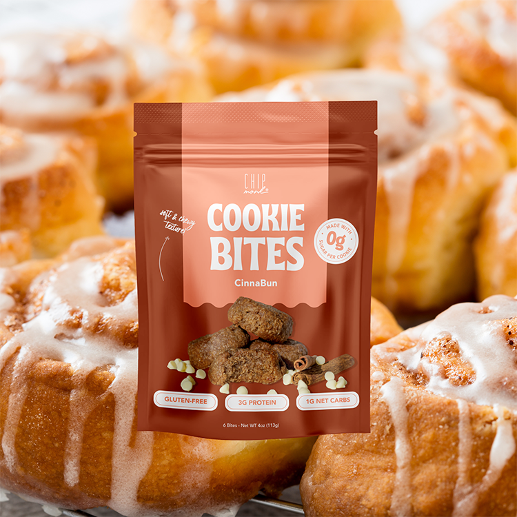 Package of Cookie Bites with a background of glazed donuts