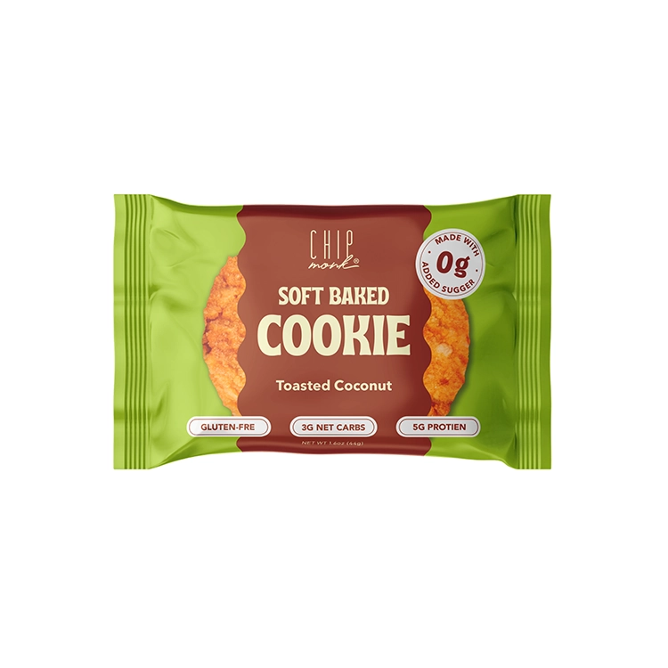 Packaged soft baked cookie with green and brown design on a white background